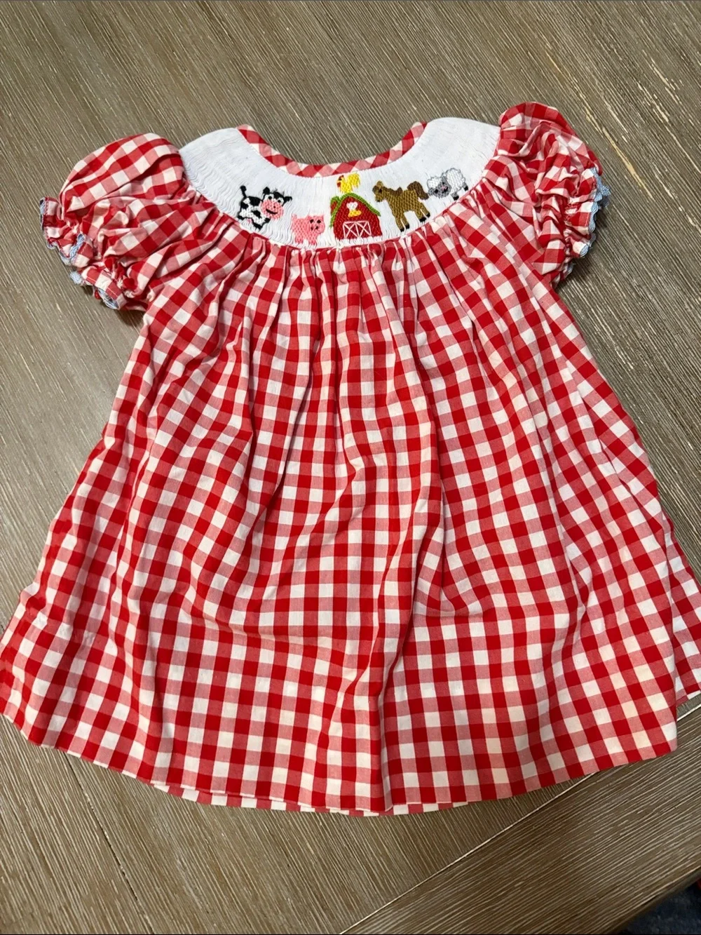 Red Gingham Smocked Farm Animal Dress for Girls